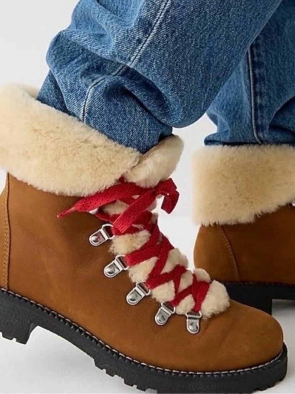 J. Crew Tan Suede Lace-Up Shearling Boots with Red Laces